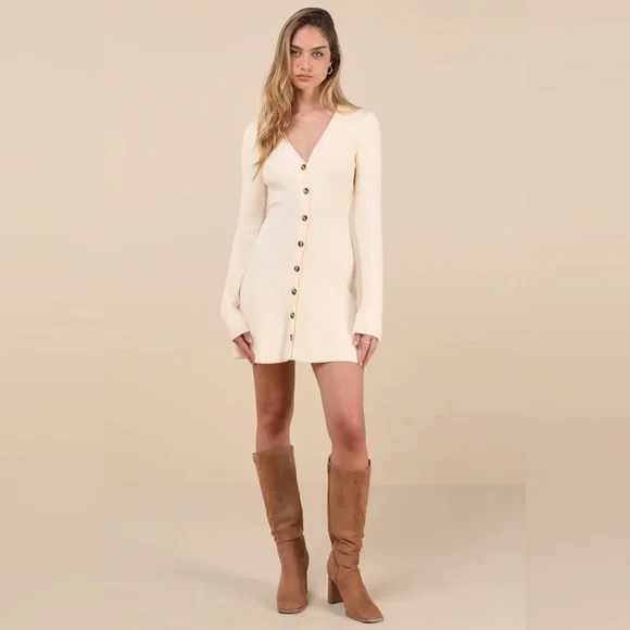Lulu's Adorably Flirty Ivory Button-Front Sweater Mini Dress - Picture 3 of 3